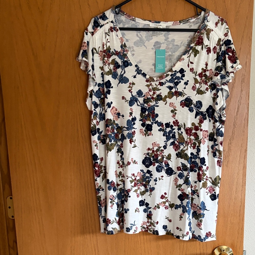 Maurices White Floral V-Neck Short Sleeve Top with Navy, Burgundy and Olive